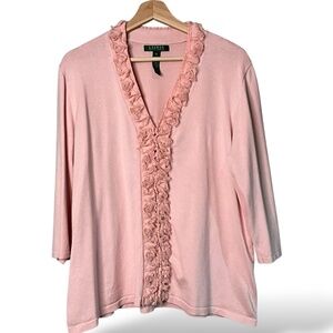Lauren Ralph Lauren Pink Ruffled V-Neck Cardigan